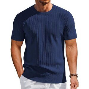 Men's Navy Blue Short Sleeve Knit Casual Crewneck Ribbed Dress Tee T-Shirts